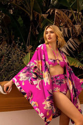 Conjunto de bikini de cintura alta con cinturón y estampado floral con detalles de aro